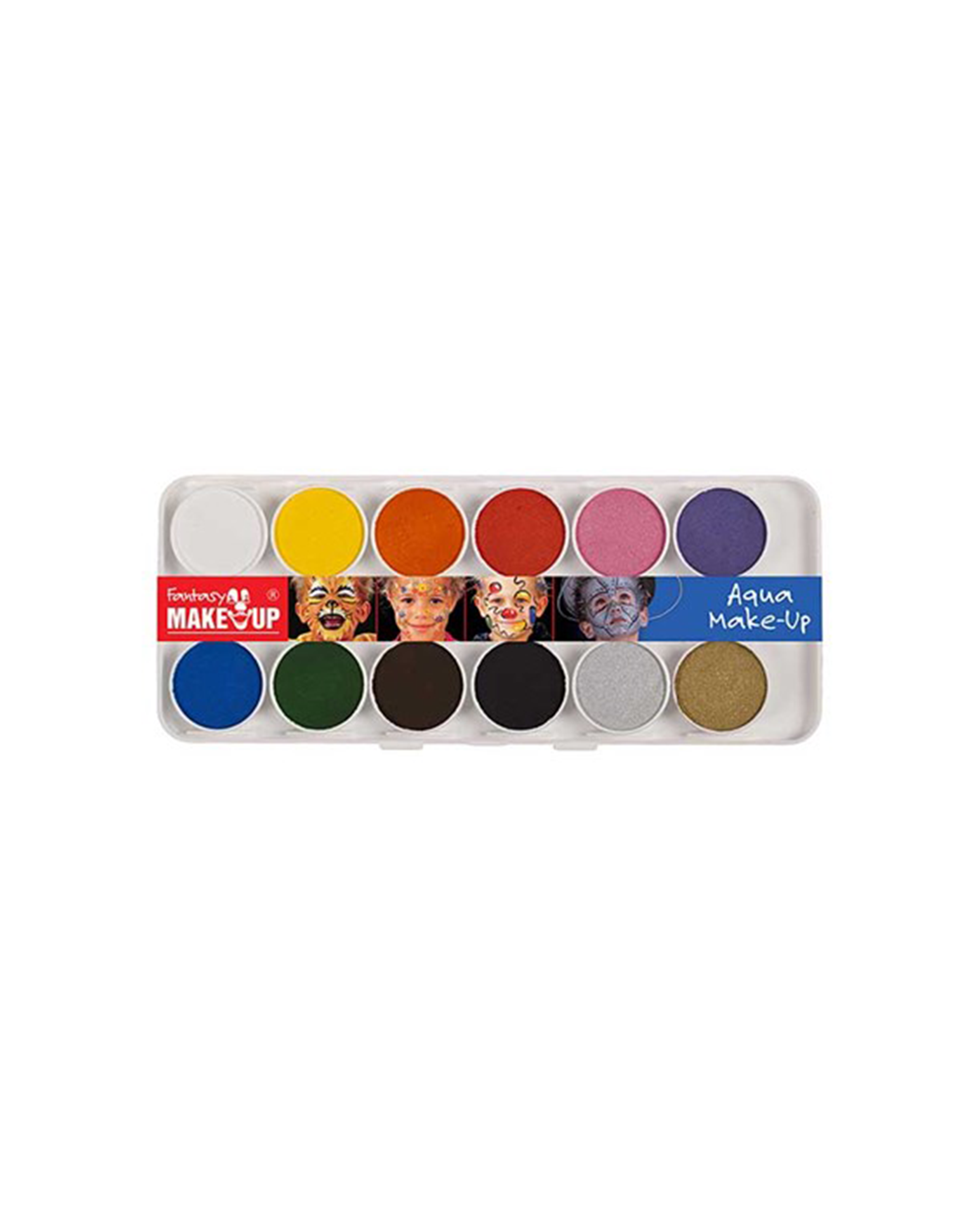 Fantasy make-up 12 kleuren palet grime bij Ateljee G Kindergrime Glittertattoos Workshop Webshop van Dendermonde